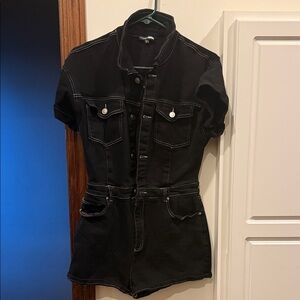 Fashion Nova Black Short Sleeve Denim Jumpsuit